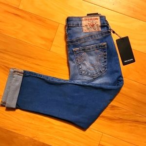 NWT TRUE RELIGION Jennie curvy mid rise capri blue denim size W26